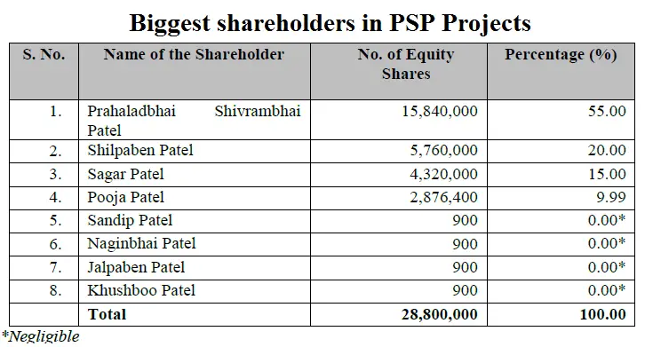 Biggest shareholders in PSP Projects