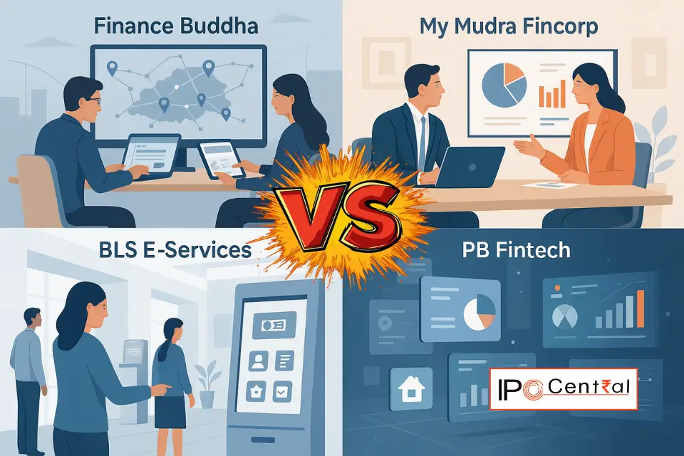 Finance Buddha IPO Peer Comparison Finance Buddha vs My Mudra vs BLS E-Services detailed IPO comparison covering valuation, profitability, ROE, margins, and growth performance.